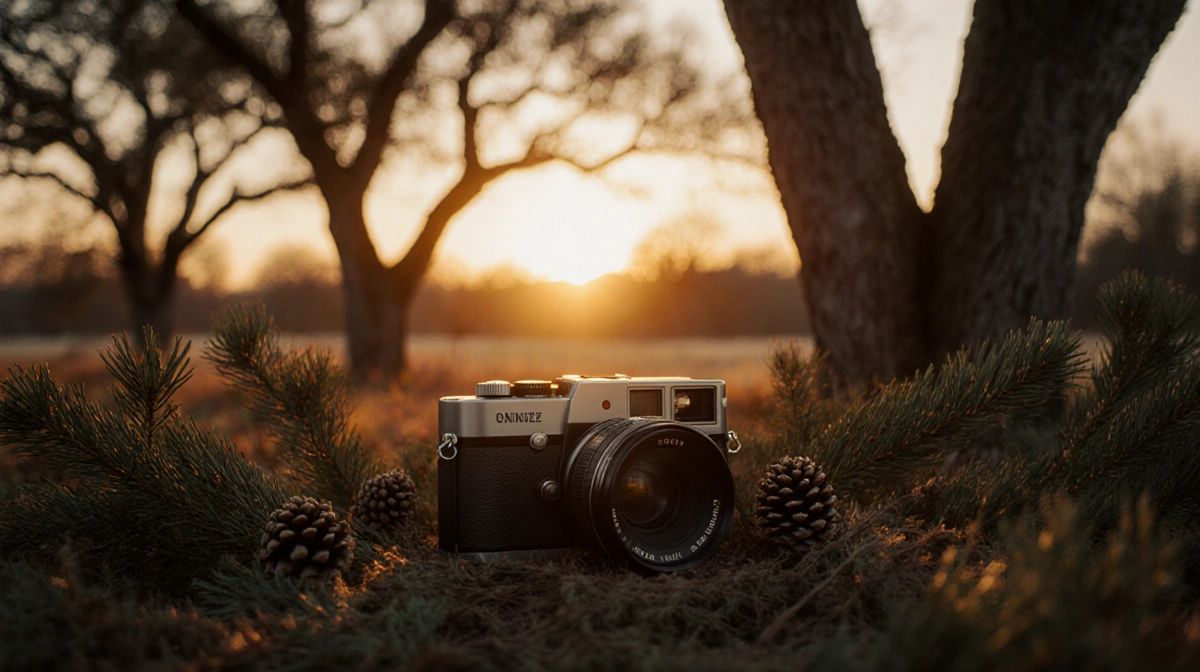 Vintage camera lens resting amid evergreen branches with golden sunset lighting oak trees in a tranquil winter Texas dusk
