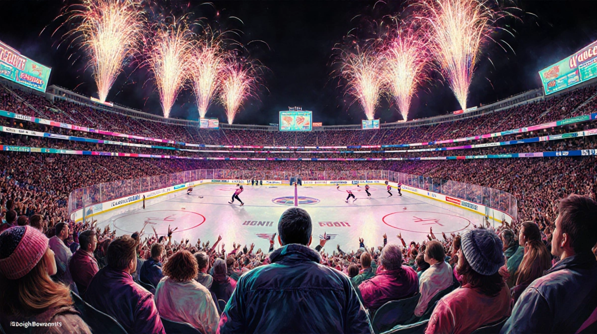 Tom Brady sits in front row in a winter coat with fans and fireworks above the ice and neon pastel lights fill the stadium