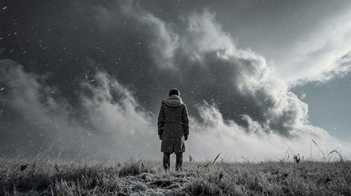 Lone figure standing with wind-blown snow swirling around and a gray cold front approaching in winter landscape
