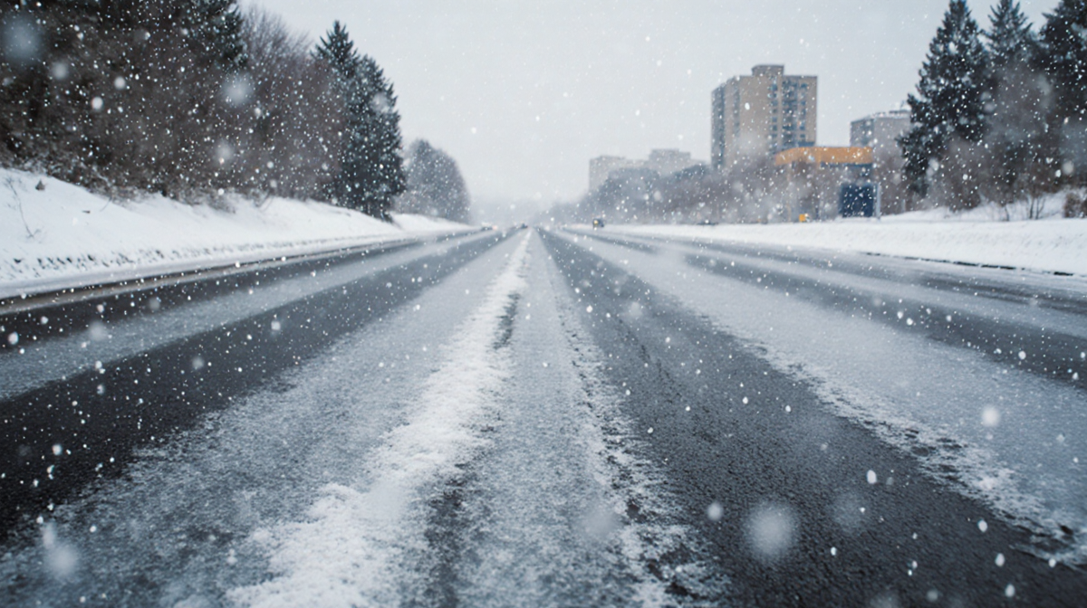 Icy highway glittering with falling snowflakes in winter under muted blue sky.