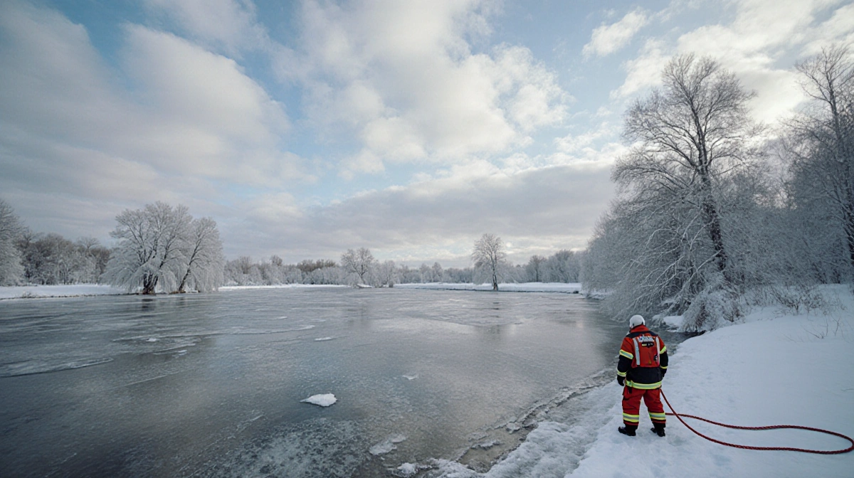 Ice-rescue suits awaiting rescue near a slushy pond in a winter landscape with pale blue sky and frozen trees.