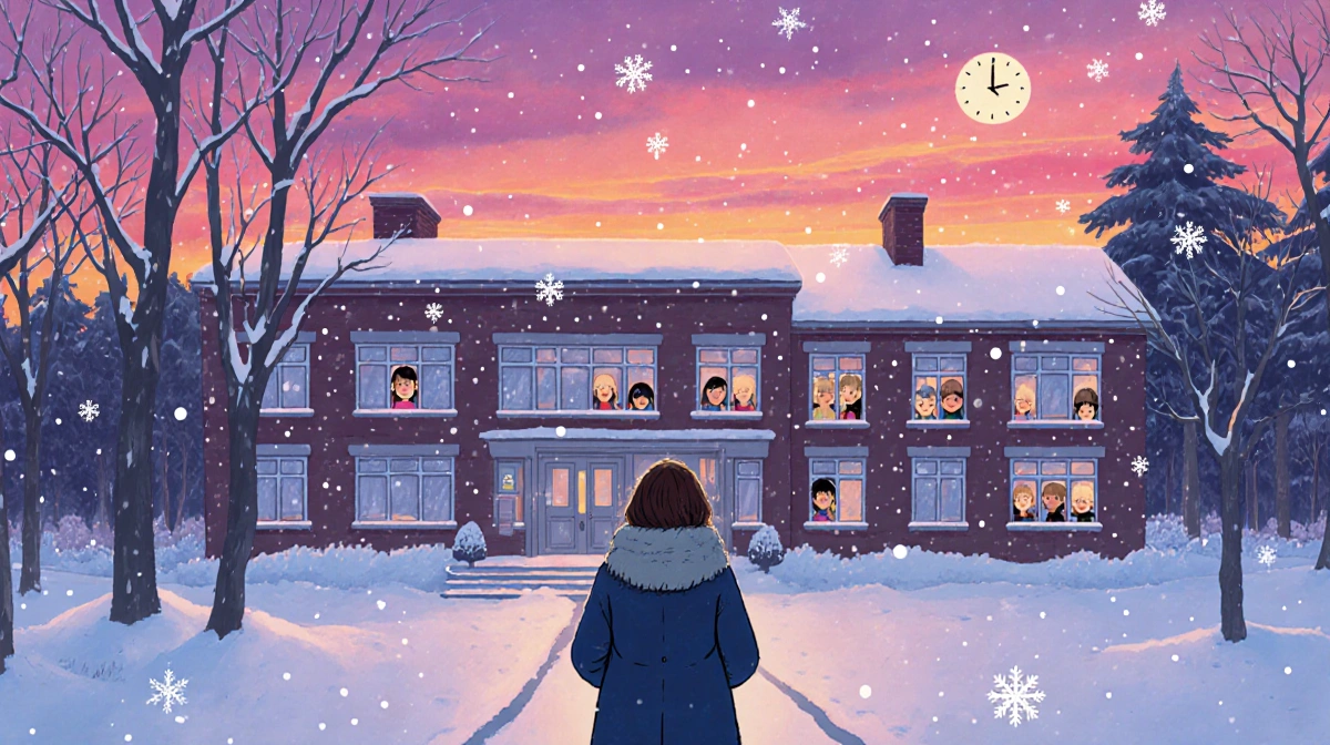 Kristen stands outside in a winter coat, gazing at pink orange purple dusk sky with snowflakes and students classroom windows
