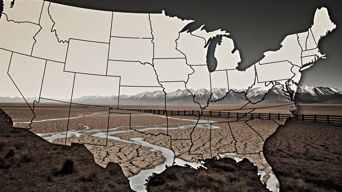 Faded map of the United States showing a harsh winter landscape with cracked dry rivers and distant snow‑capped mountains