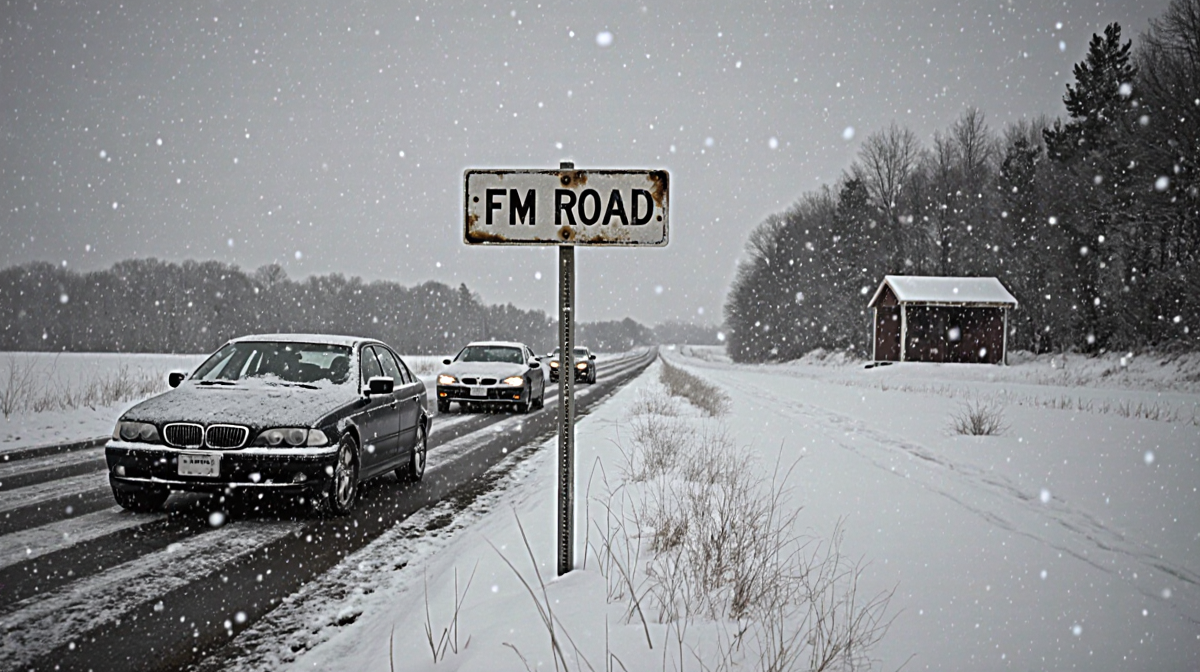 Cars moving along a rural road with frosty wipers and snow‑covered tires under a gray winter sky and a weathered FM Road sign