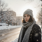 Figure standing in winter snow-covered street looking at viewer with scarf and hat and falling snowflakes in background