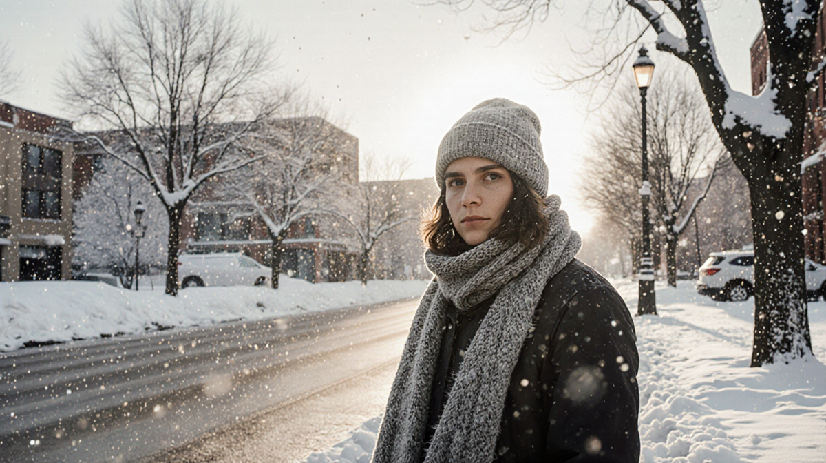 Figure standing in winter snow-covered street looking at viewer with scarf and hat and falling snowflakes in background