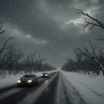 Abandoned cars sit stranded on snowy highway with twisted tree branches reaching overhead and swirling snowflakes in dark sky
