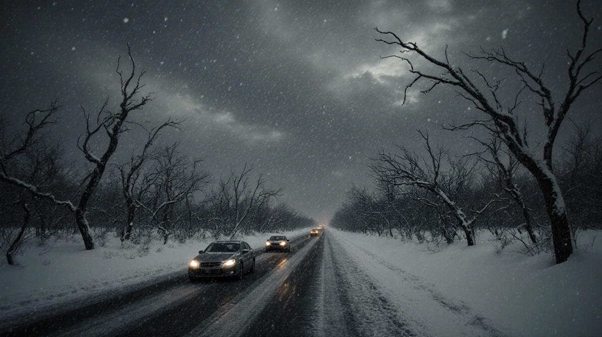 Abandoned cars sit stranded on snowy highway with twisted tree branches reaching overhead and swirling snowflakes in dark sky
