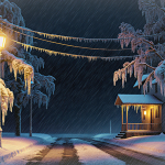 Streetlamp casting golden glow on icy pavement with winter snow and ice‑laden power lines