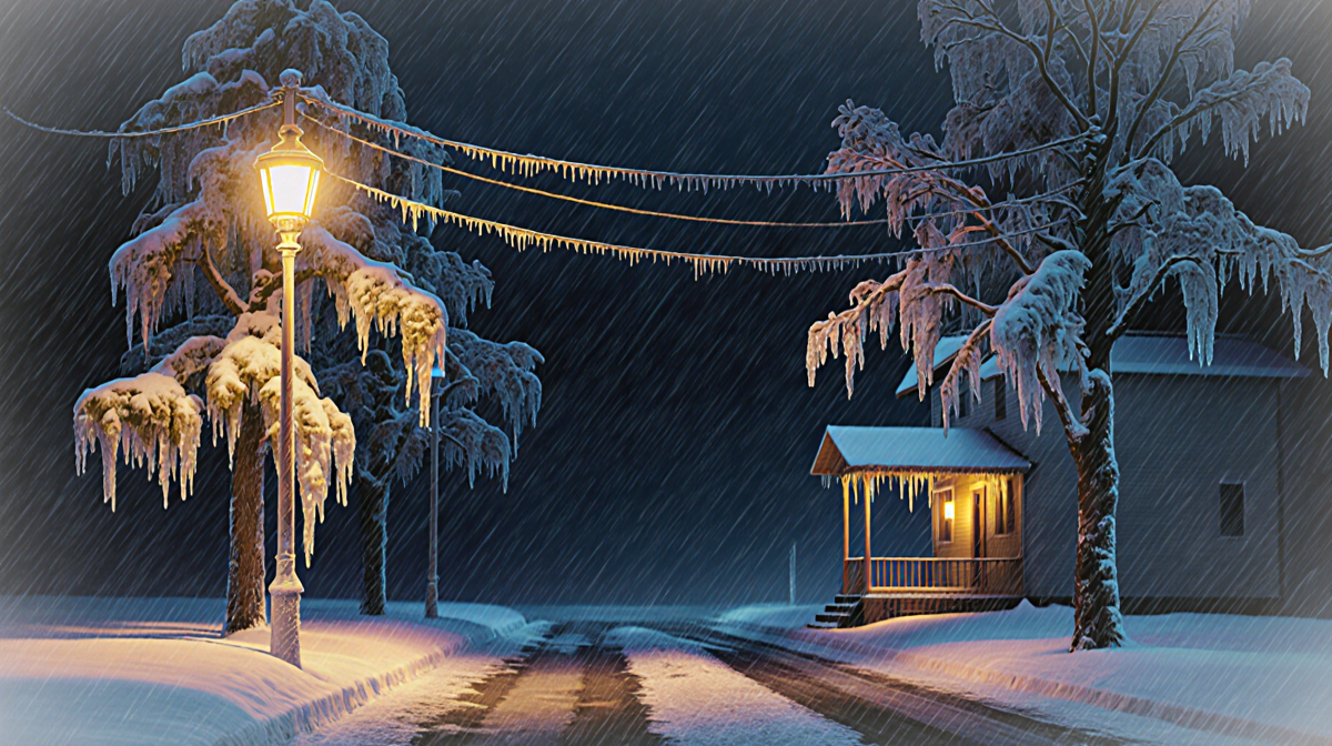 Streetlamp casting golden glow on icy pavement with winter snow and ice‑laden power lines