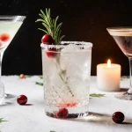 Table setting features three elegant cocktail glasses with rosemary sprig and cranberries and candlelight winter wonderland.