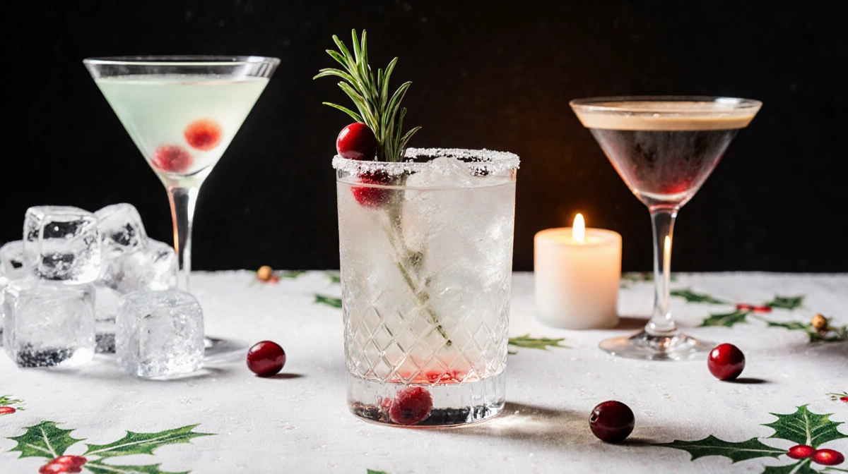 Table setting features three elegant cocktail glasses with rosemary sprig and cranberries and candlelight winter wonderland.