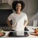 Person stands confident at kitchen counter with Withings scale and fresh colorful ingredients showcasing wellness and fitness
