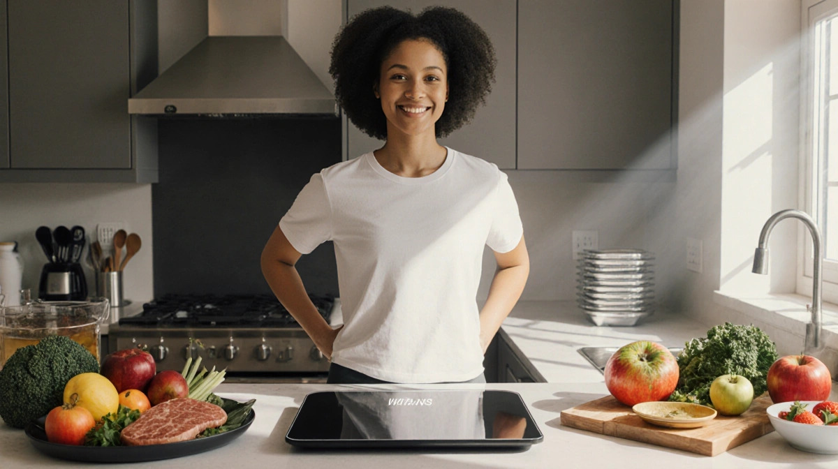 Person stands confident at kitchen counter with Withings scale and fresh colorful ingredients showcasing wellness and fitness