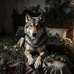 Lone wolf staring at viewer while resting on motel bed with forest foliage and warm lamp glow.