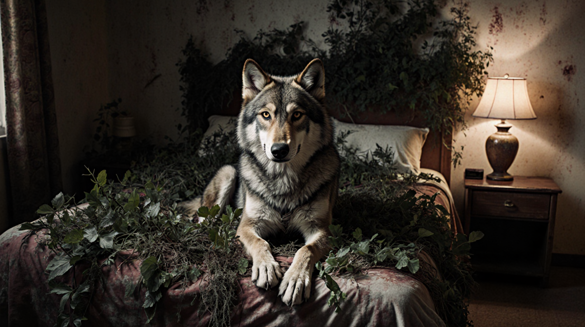 Lone wolf staring at viewer while resting on motel bed with forest foliage and warm lamp glow.
