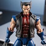 Wolverine figure standing on a desk with textured leather jacket and razor claws highlighted in warm glow from Gamerverse.