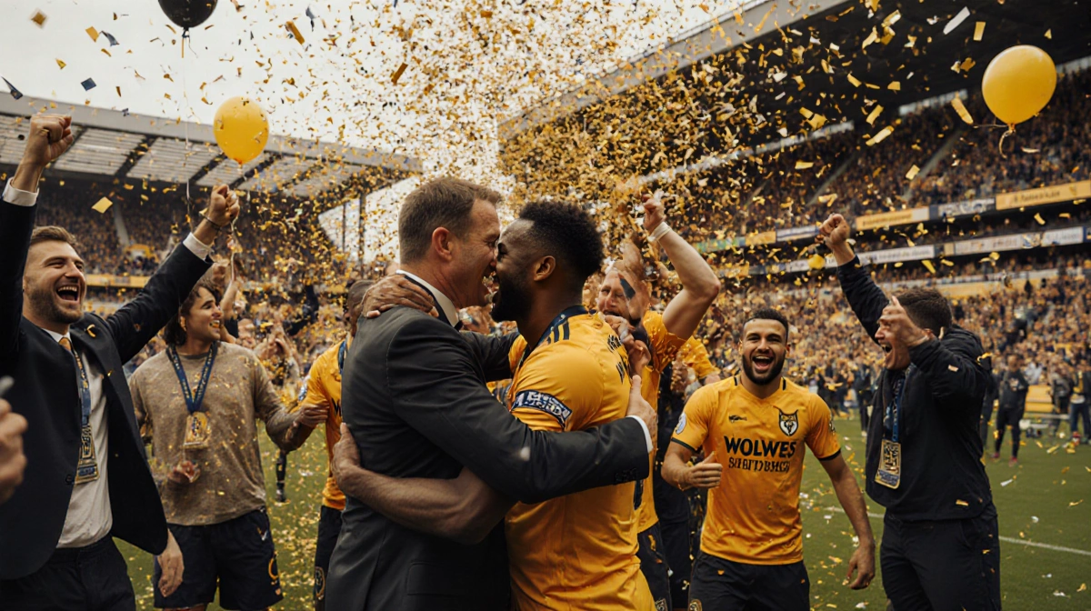 Wolves players celebrating on Molineux Stadium pitch with confetti and golden light