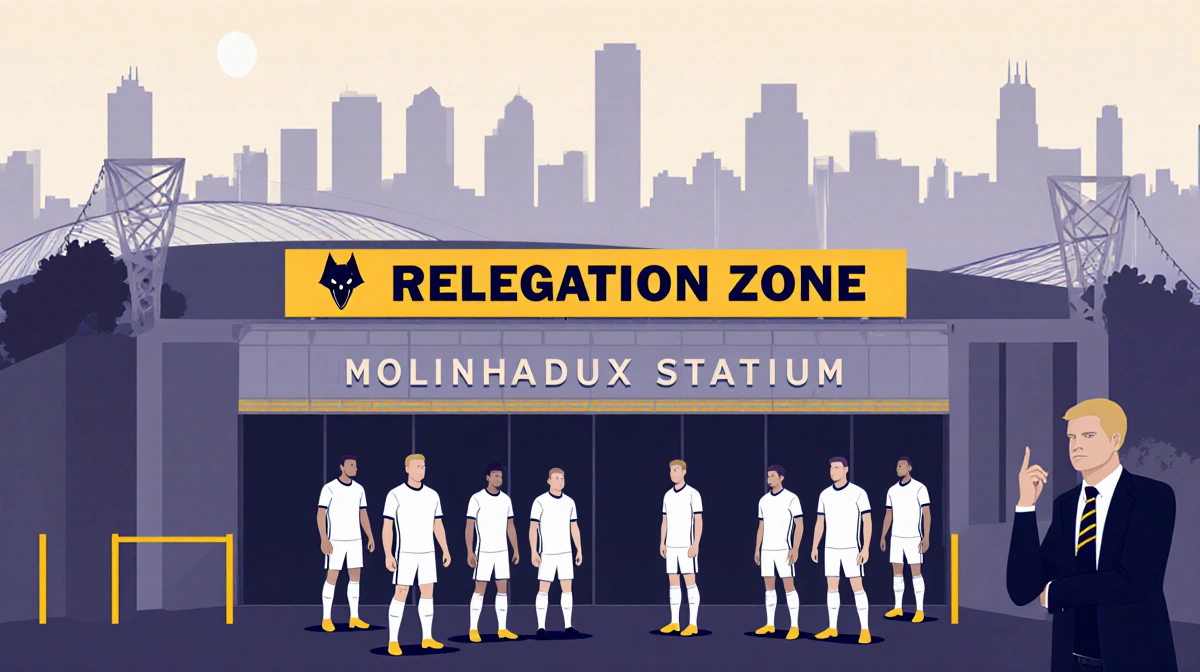 Wolves stand dejectedly around Molineux Stadium with a Relegation Zone sign above entrance and Wolverhampton skyline behind.