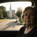 Middle-aged woman gazing through car window at church expansion with warm glow over suburban home