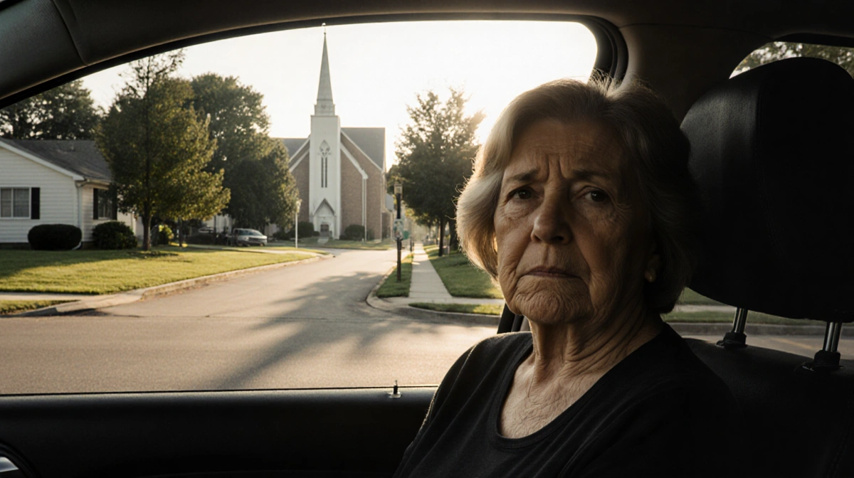 Middle-aged woman gazing through car window at church expansion with warm glow over suburban home