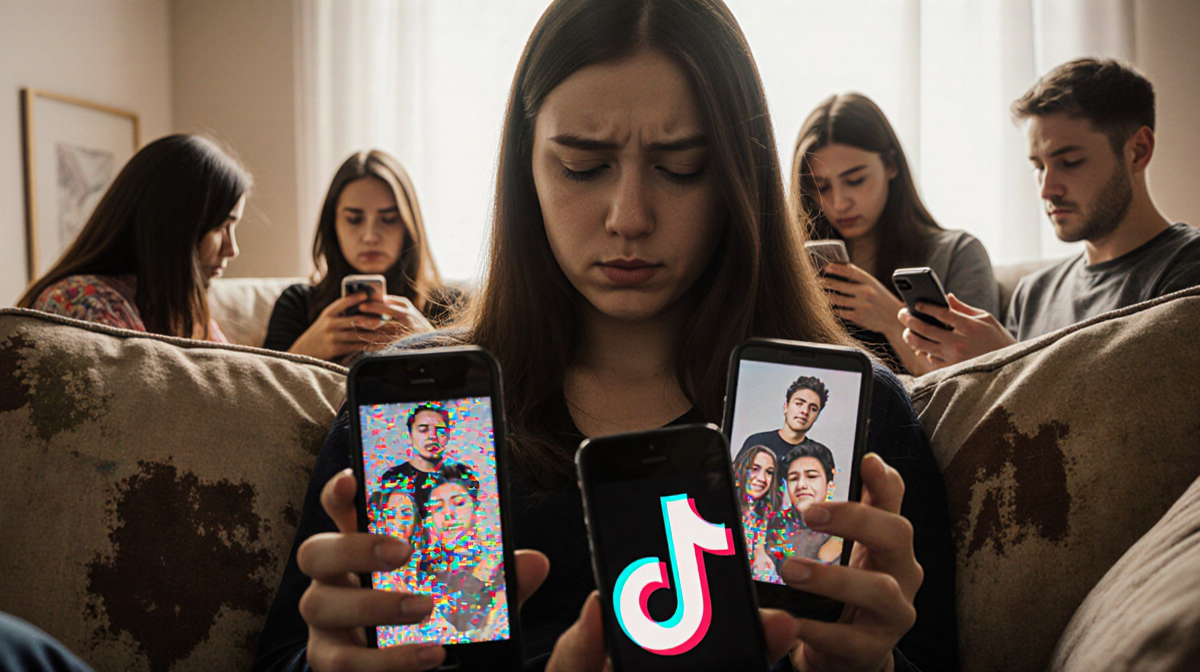 Female sits on worn couch with multiple glitchy TikTok screens and frustrated observers in warm light