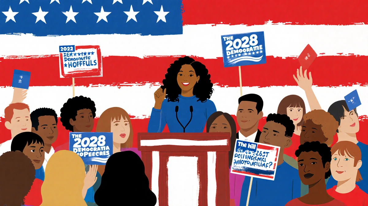 Woman of color stands on podium holding microphone with flag and 2028 Democratic Hopefuls signs amid diverse audience.