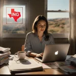 Woman searches online pharmacies with laptop and mail stacks showing determination and Texas landscape visible