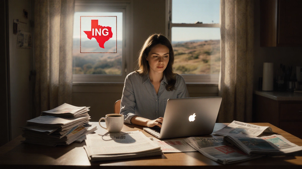 Woman searches online pharmacies with laptop and mail stacks showing determination and Texas landscape visible