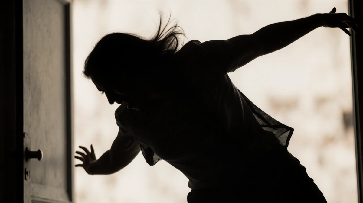 Woman crashing down with arms outstretched, silhouette against harsh light and blurred doorway.