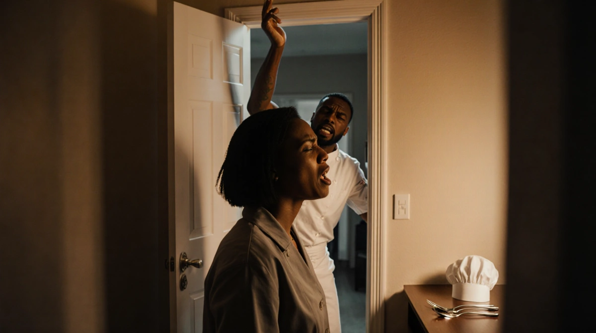 Distressed woman stands by bedroom door with her back to viewer as Stefon Diggs arm rises to choke her chef's hat sits on tab