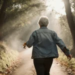 Middle-aged woman walking briskly along a winding forest path with dappled sunlight on leaves and mist drifting.