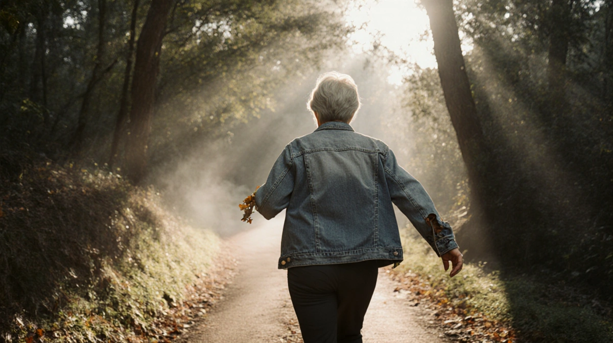 Middle-aged woman walking briskly along a winding forest path with dappled sunlight on leaves and mist drifting.