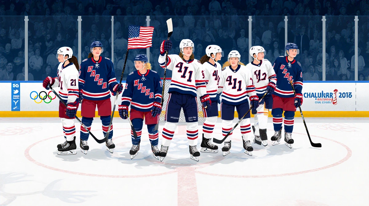 Hilary Knight skating in center ice with Laila Edwards holding a U.S. flag beside her among women's hockey and Olympic logos.