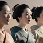 Three women walking confidently with Japanese kimono patterns and natural light embodying empowerment