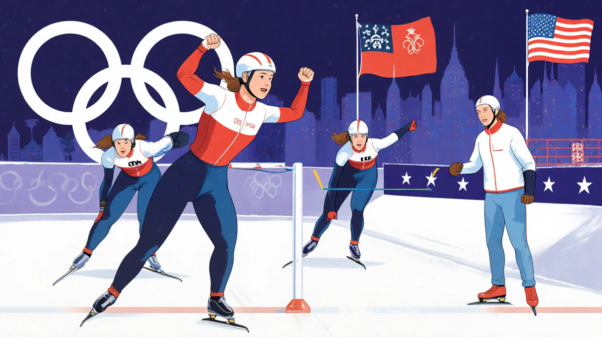 Greta Myers crossing the finish line in women's track event with a triumphant expression and Olympic rings in the background.