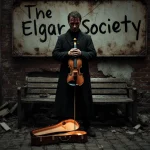 Lone musician holds glowing violin case with scarred face and tattered clothes near Elgar Society sign