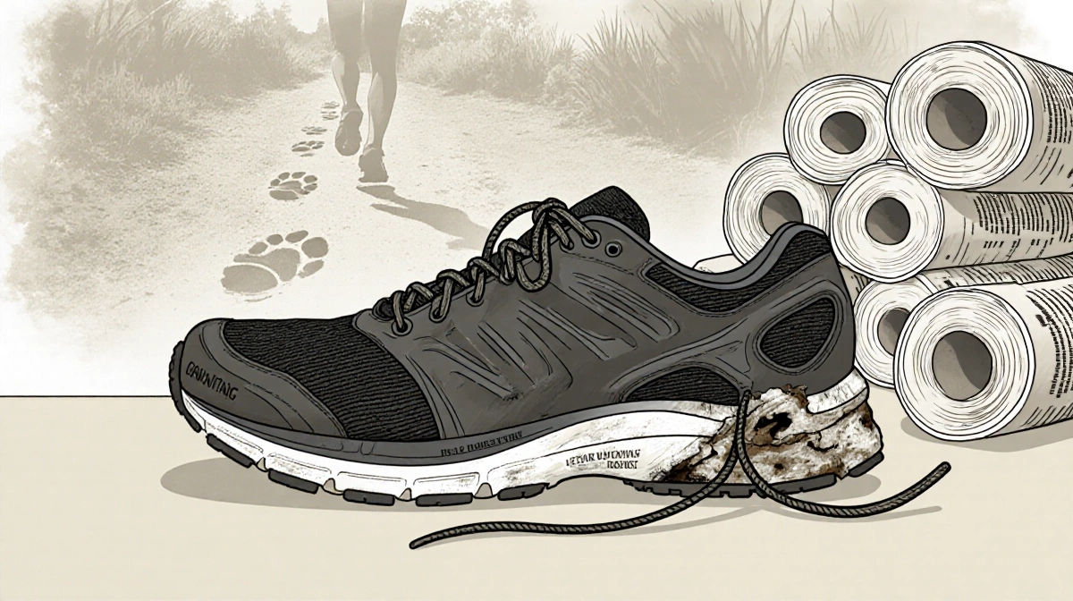Worn running shoe lies with undone laces and damaged heel beside newspaper rolls and runner footprints in background