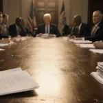 Worn wooden conference table holds stack of papers with soft golden lighting and blurred backdrop of shadowy officials