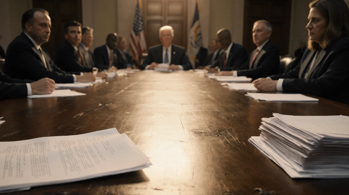 Worn wooden conference table holds stack of papers with soft golden lighting and blurred backdrop of shadowy officials