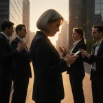 Worried woman checking phone while city workers argue behind her with golden sunrise casting long shadows