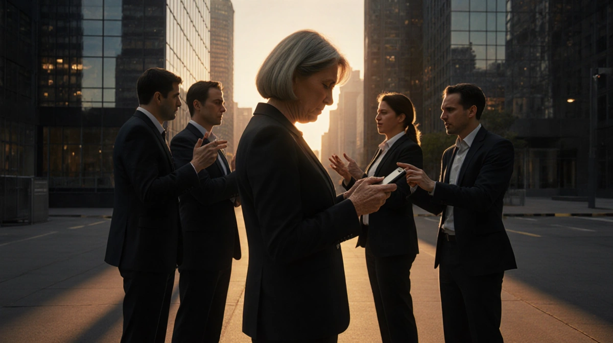 Worried woman checking phone while city workers argue behind her with golden sunrise casting long shadows