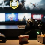 Xbox console glowing with Game Pass ads and controller beside it and snack box scattered