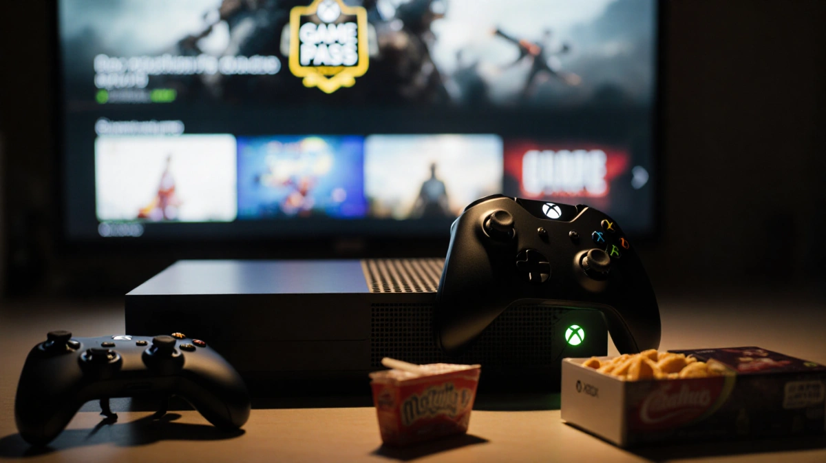 Xbox console glowing with Game Pass ads and controller beside it and snack box scattered