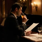 Conductor holding sheet music and sipping at a dimly lit bar counter with a Steinway piano in background