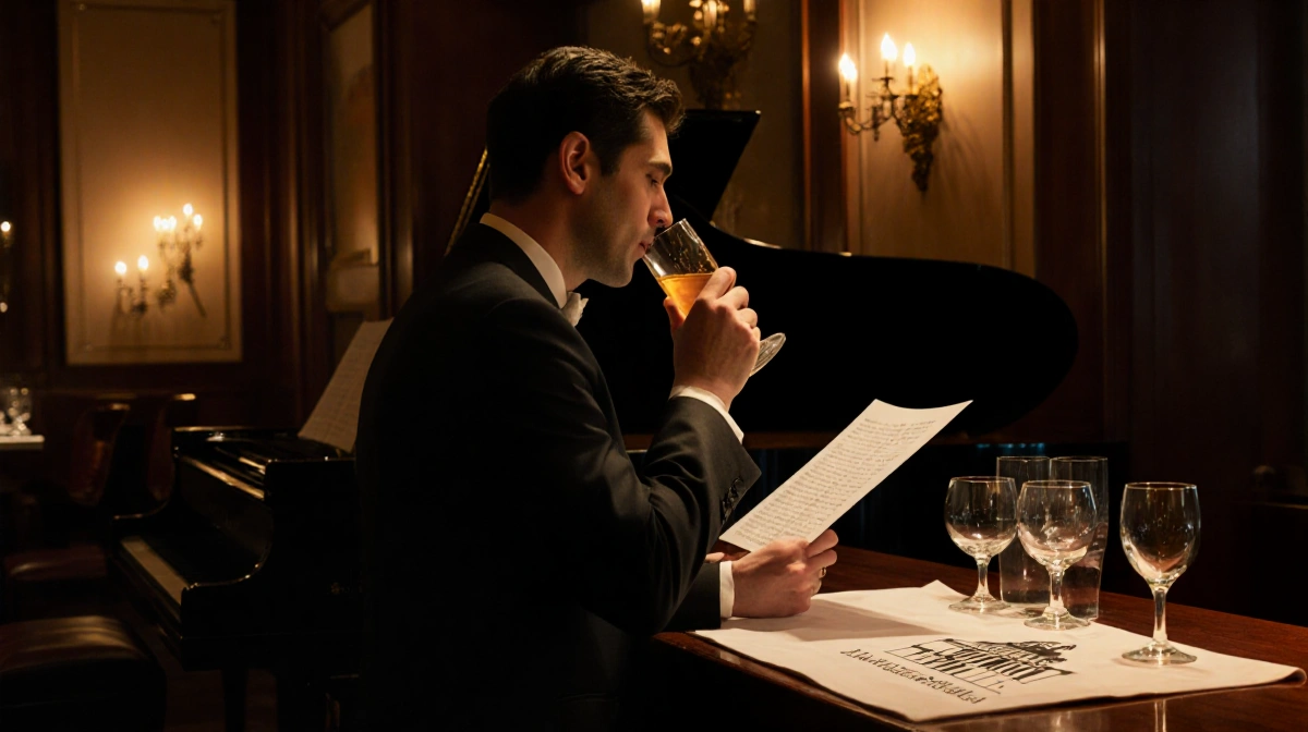 Conductor holding sheet music and sipping at a dimly lit bar counter with a Steinway piano in background