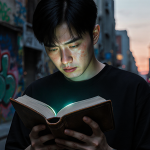 Ye standing with worn leather‑bound book and downcast eyes against blurred graffiti cityscape at dusk with metallic glow.