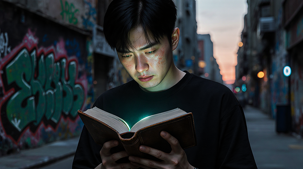 Ye standing with worn leather‑bound book and downcast eyes against blurred graffiti cityscape at dusk with metallic glow.