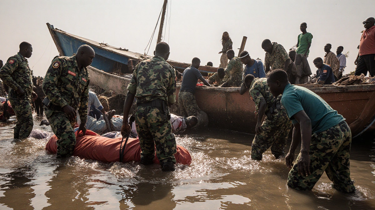 Rescue teams pulling bodies onto stretchers with security staff in Yobe Nigeria during search and rescue under sunlight