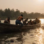 Passengers clinging to a partially submerged boat with life jackets and distressed faces near the Yobe River in Nigeria.